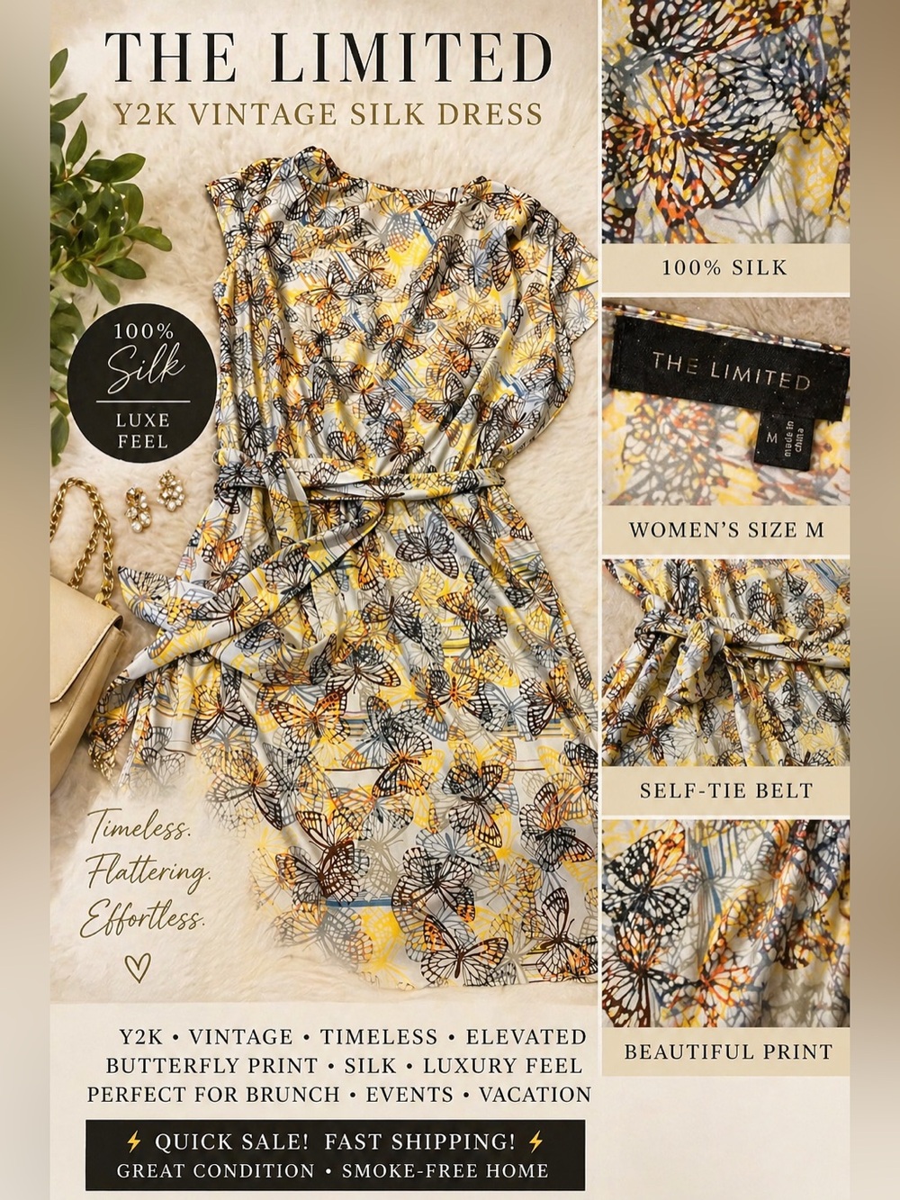The Limited Yellow, Black & Gray Butterfly Print Silk Midi Dress